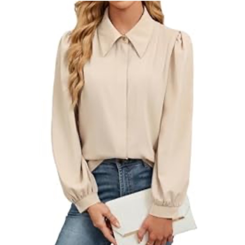 Tan Puff Sleeve Blouse with Notched Collar